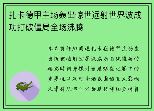 扎卡德甲主场轰出惊世远射世界波成功打破僵局全场沸腾